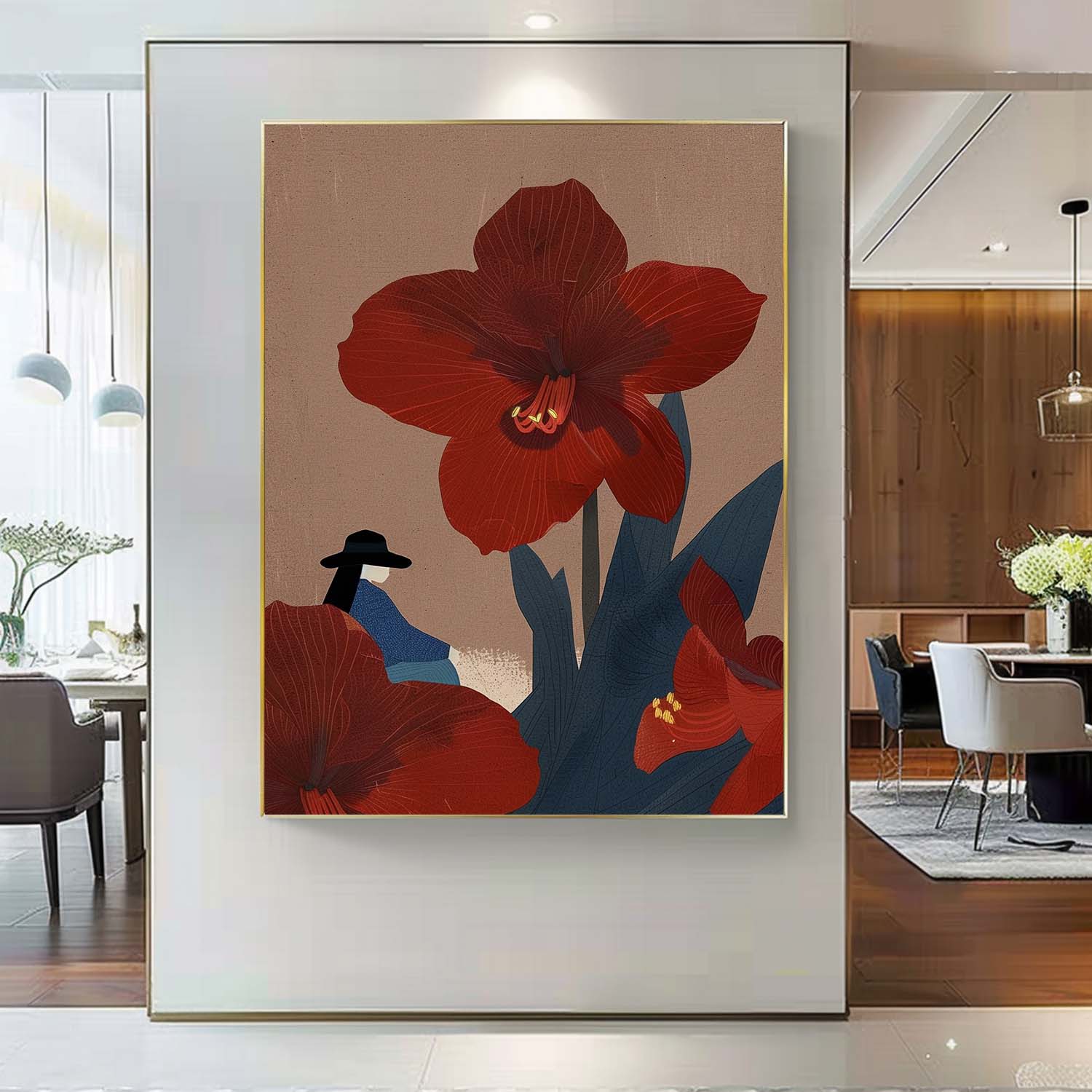 Original Girl On Flowers Wall Art Large Figure Painting Illustration style Abstract Artwork For Living Room
