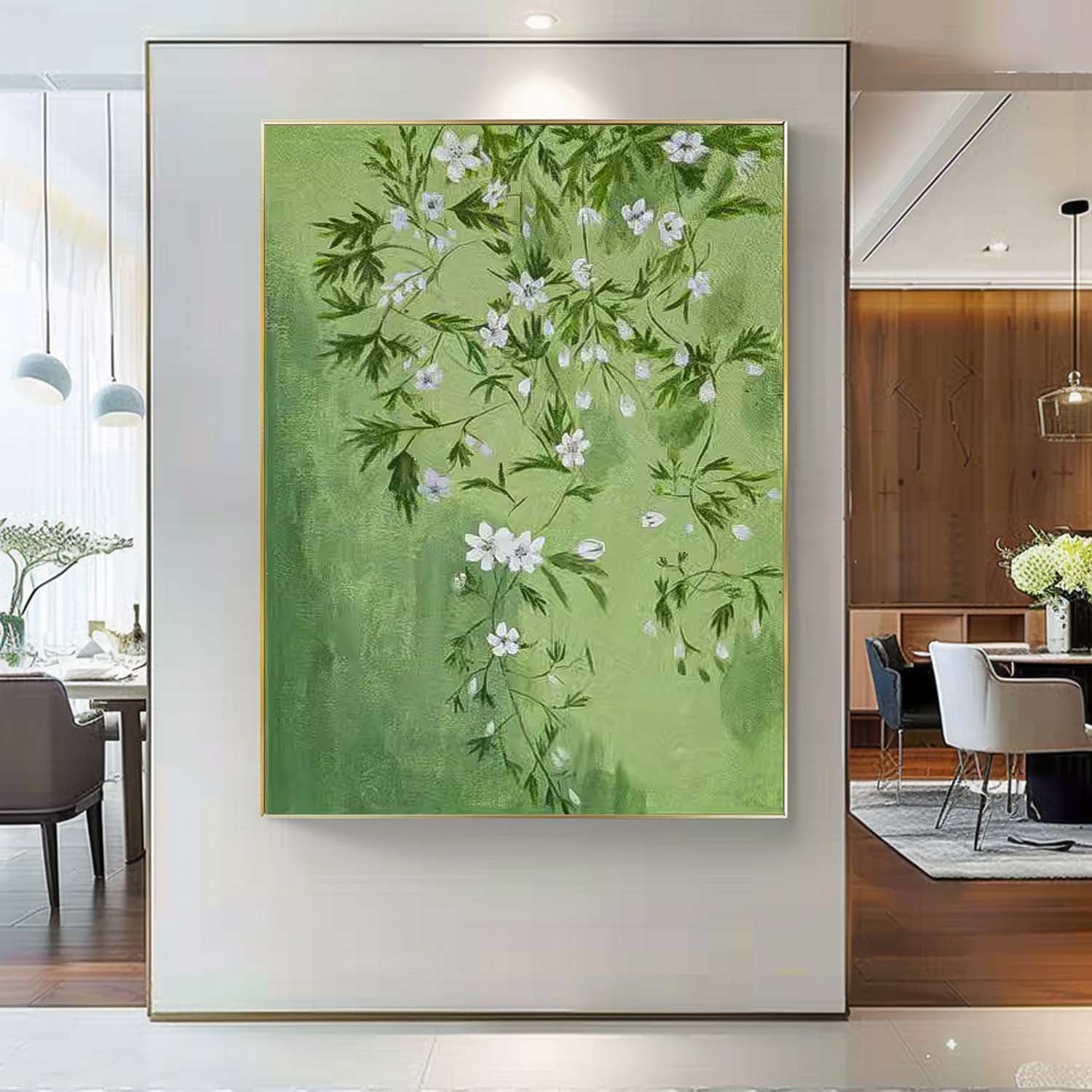 Green Leaves And White Flower Oil Painting On Canvas Big Original Beautiful Flowers Artwork Framed