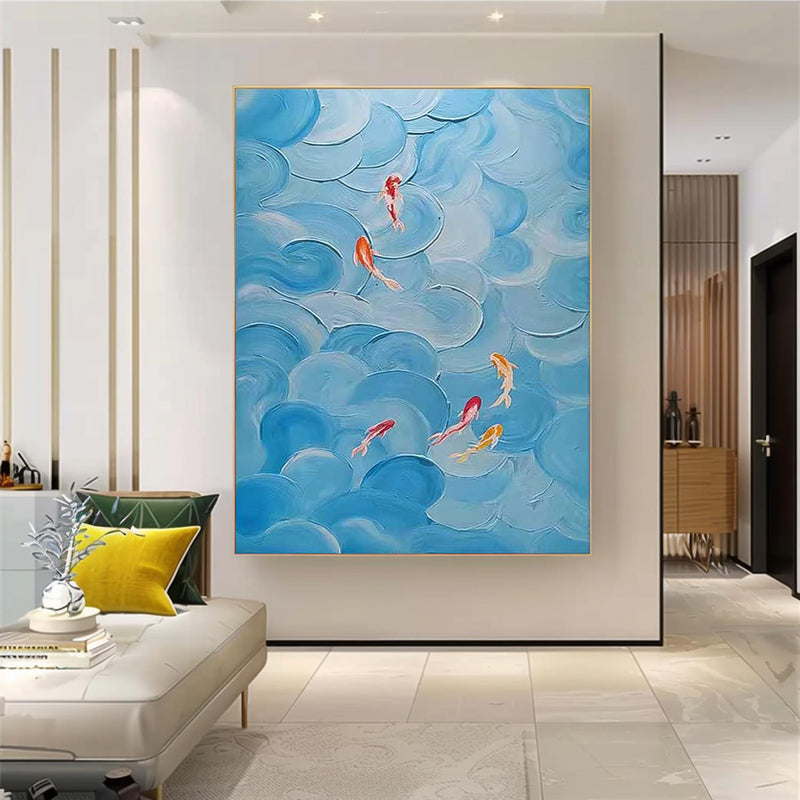 Warm Blue Large Contemporary Koi Acrylic Painting On Canvas Abstract Goldfish Oil Painting Original Artwork Decor