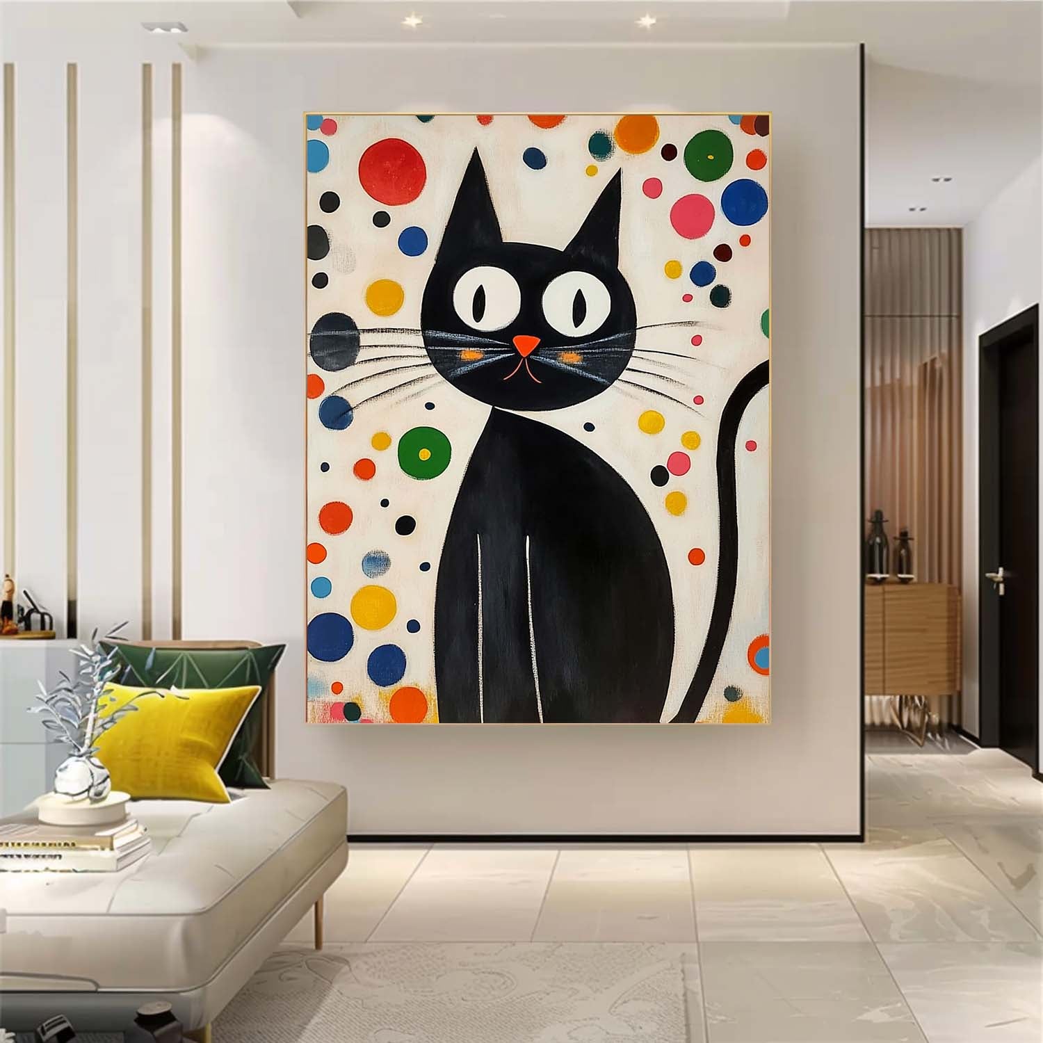 Large Artwork Joan Miró Style Abstract Cute Cat Acrylic Painting Colorful Modern Cat Oil Painting Home Decor