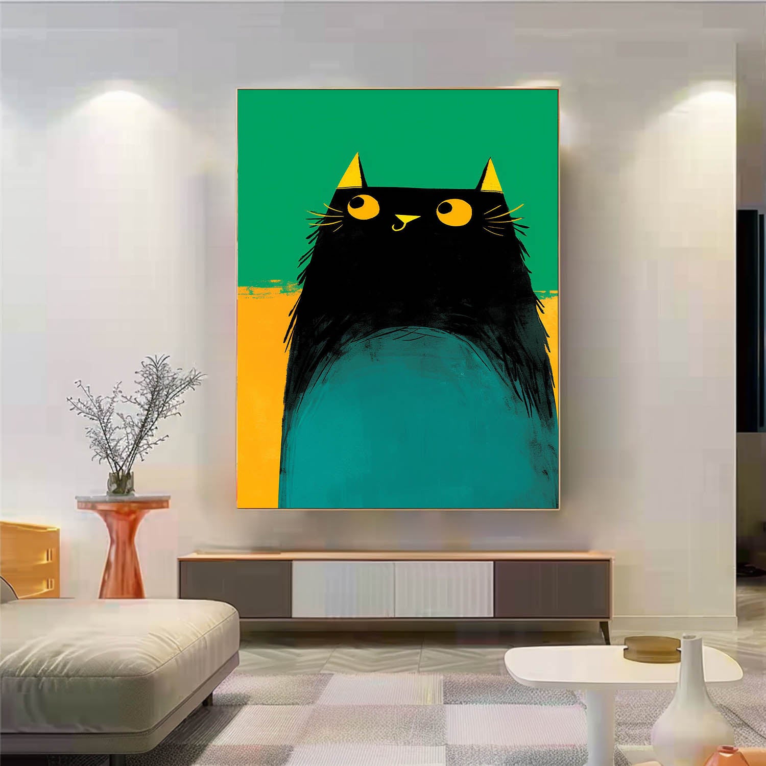 Modern Black Cat Animal Oil Painting Vibrant Yellow And Green Oil Painting Impressionist Kitty Wall Art