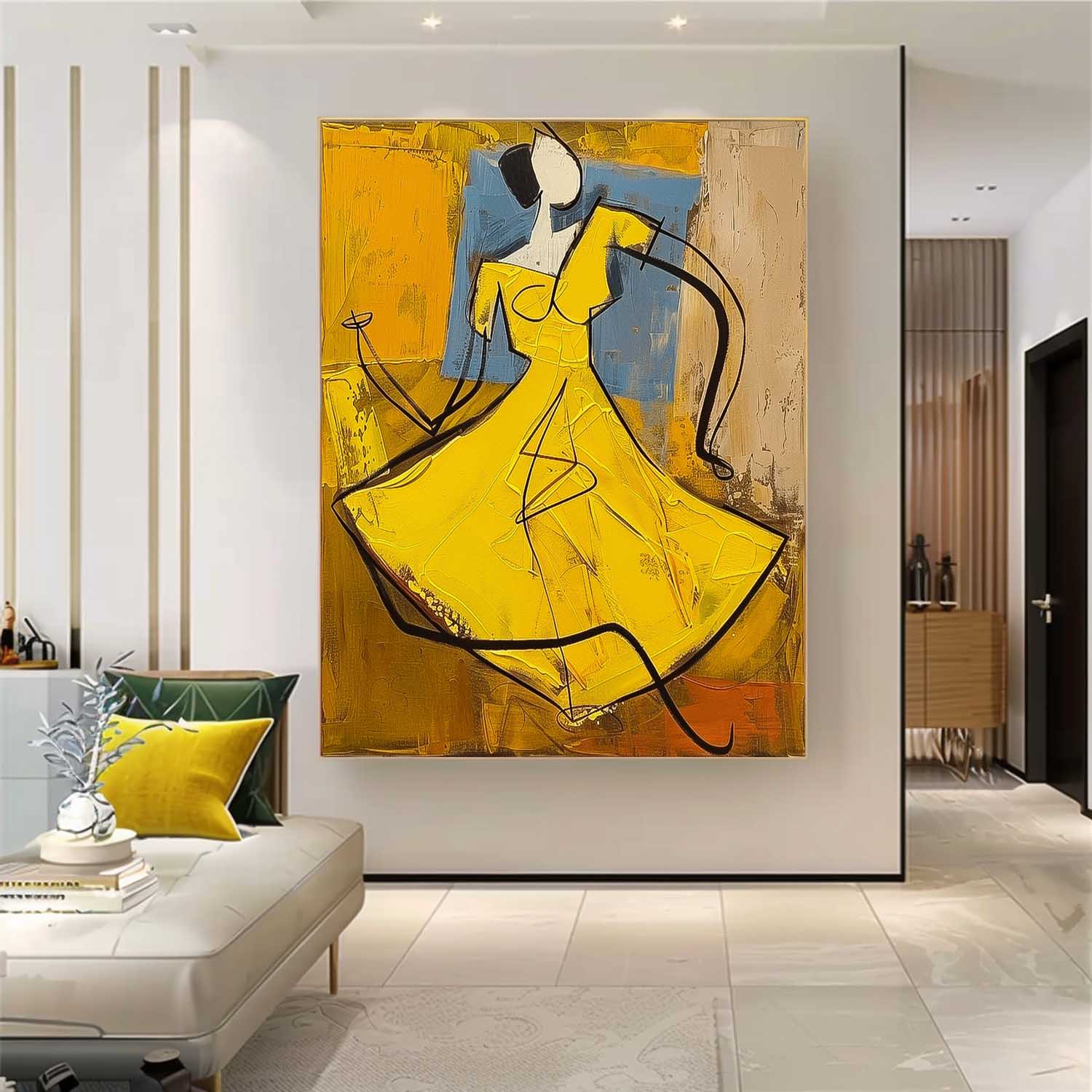 Large Dancing Woman Painting Framed Original Lady Wall Art Abstract Yellow Dress Artwork Home Decor