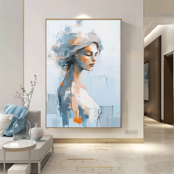 Original Blue Wall Art Abstract Lady Painting Woman Face Artwork Large Portrait Painting For Living Room