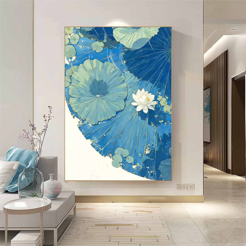 Abstract Blue Lotus Leaf Oil Painting On Canvas Big Original Texture Beautiful Lotus Artwork Framed Home Decor