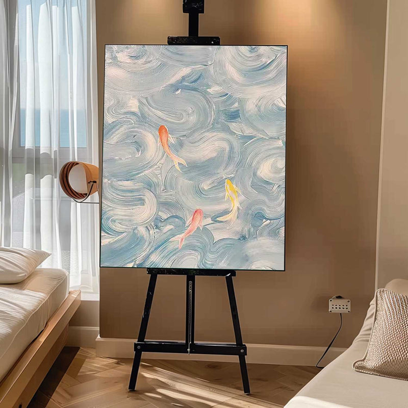 Bright Blue Large Contemporary Acrylic Painting On Canvas Abstract Goldfish Oil Painting Original Artwork Decor