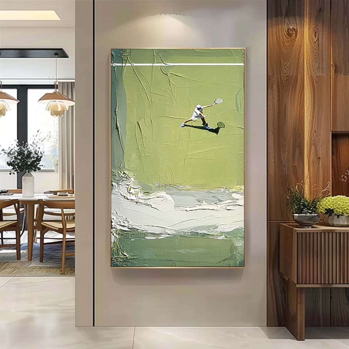 Abstract Tennis Sports Art on Canvas Large Green Tennis Court Painting Textured Wall Art Tennis Lovers Gift