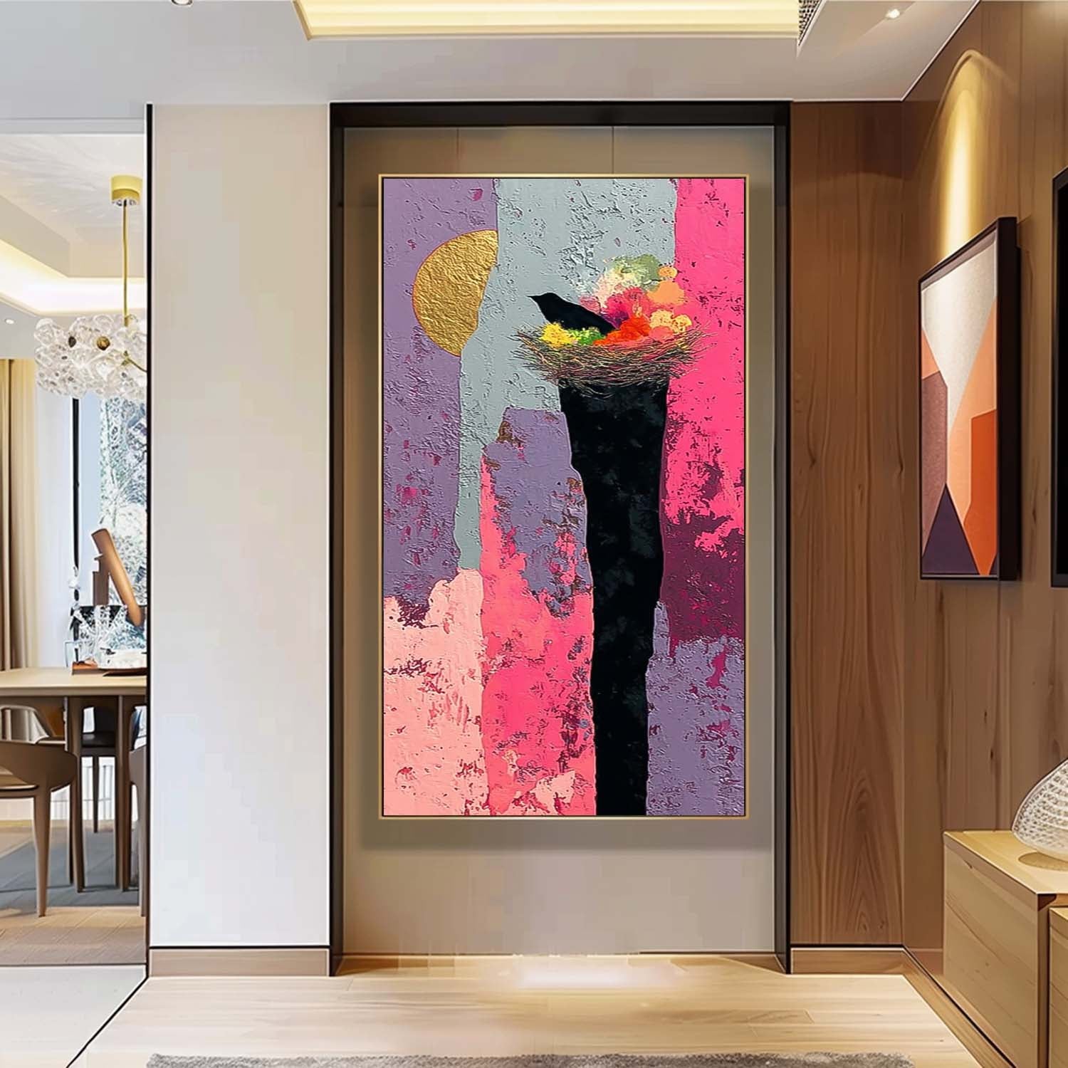 Large Abstract Bird's Nest And Contrasting Background Oil Painting Original Nature Wall Art Home Decor