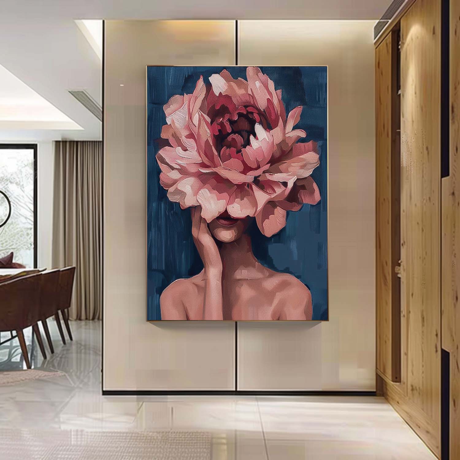 Original Lady Wall Art Abstract Pink Peony Flower Profile Artwork Large Portrait Painting For Living Room