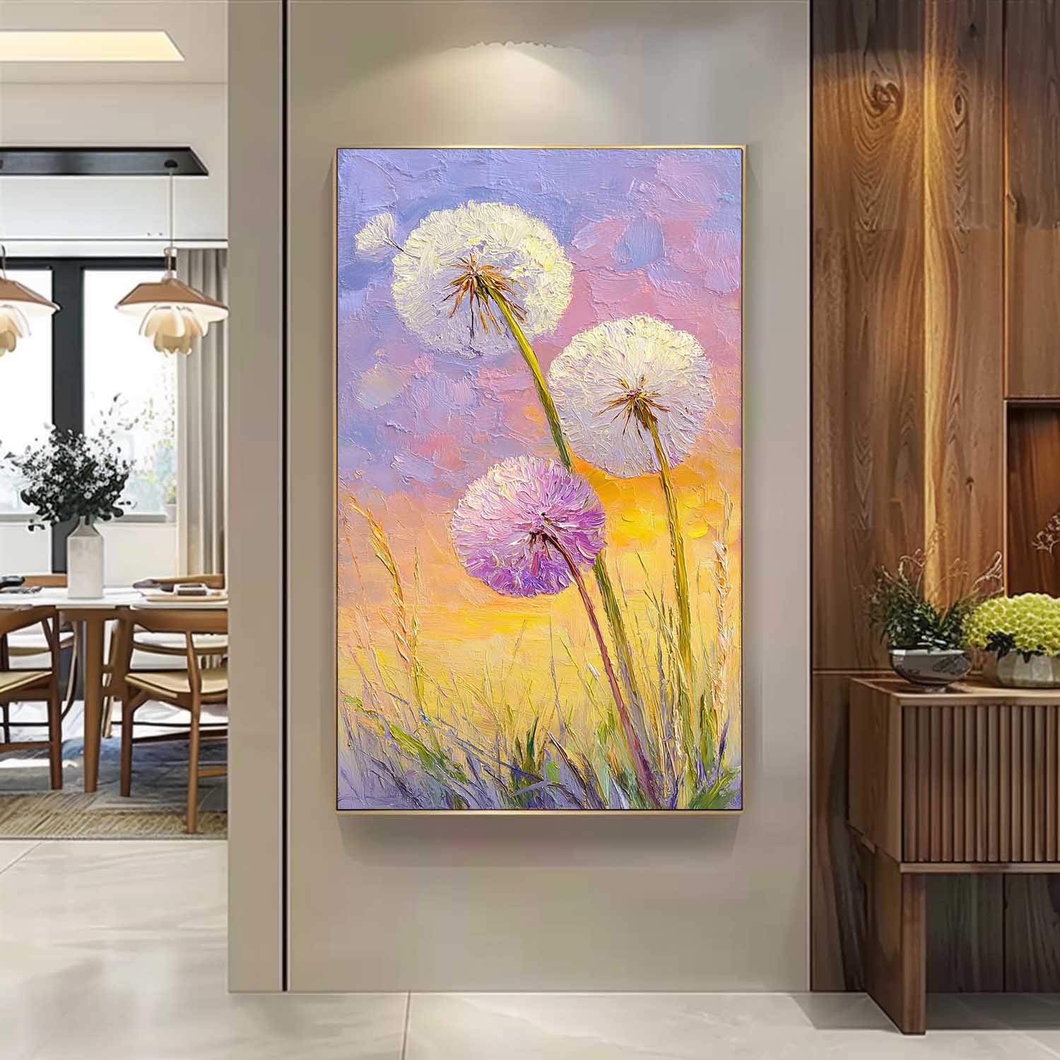 3D Palette Knife Textured Dandelion Oil Painting On Canvas Vertical Meadow Floral Wall Art For Home Decor