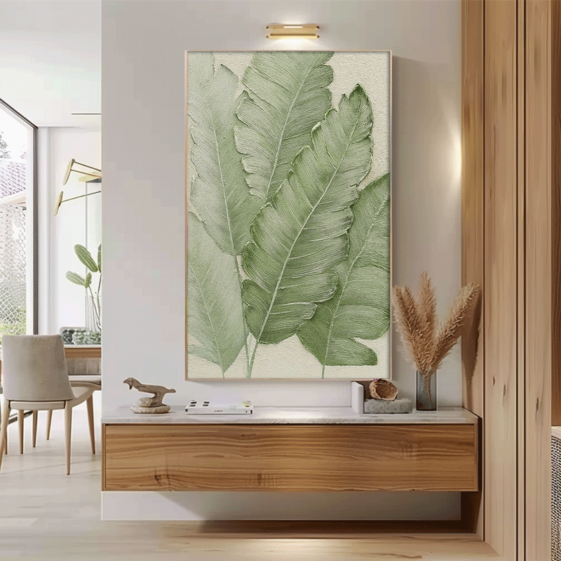 Large Thick Texture Abstract Green Leaf Paintings Contemporary Leaf Paintings Summer Painting Framed Wall Art
