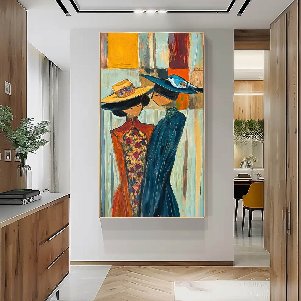 Original Two Fgures Wearing Hats Are Depicted Wall Art Large Painting Framed Abstract Figures Artwork