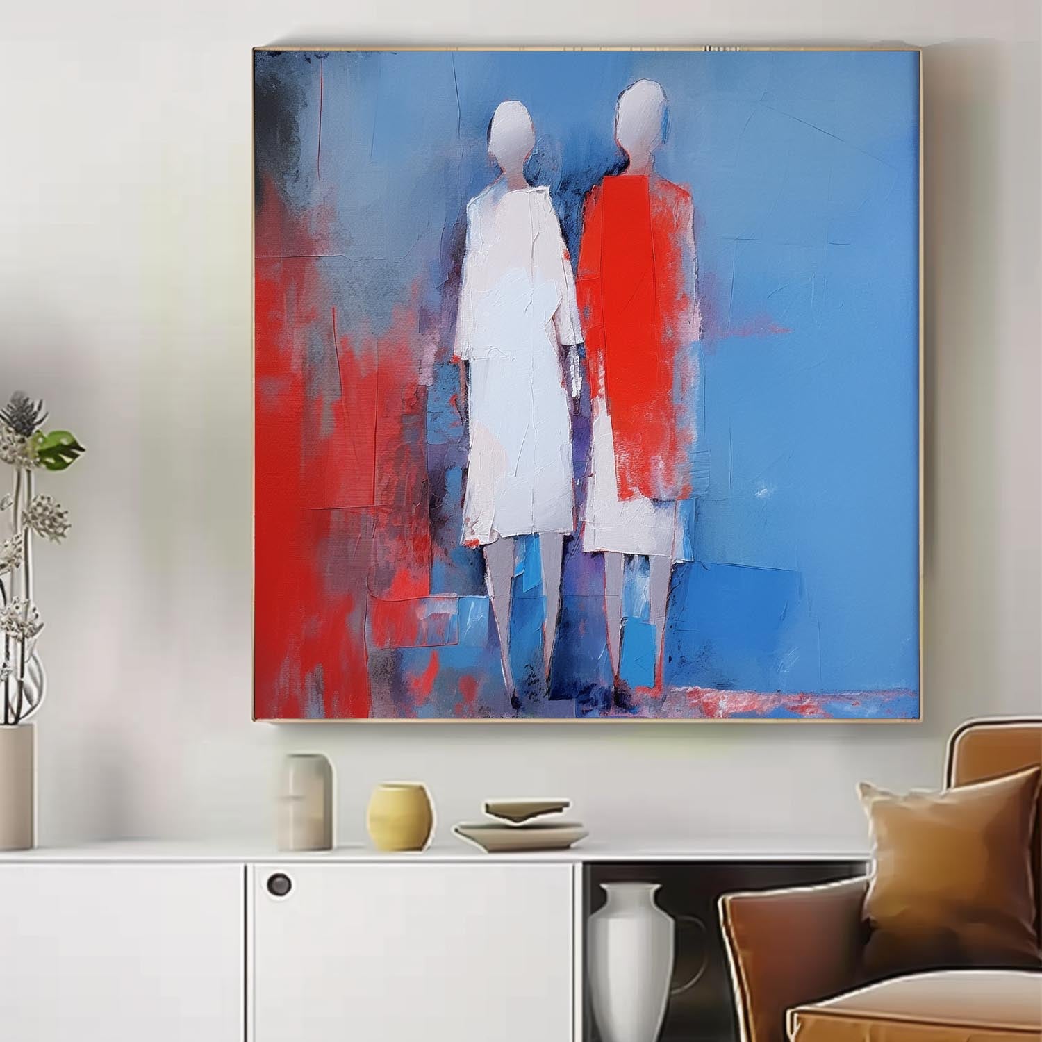 Red And Blue Abstract people's Wall Art Original Character Outline Painting Canvas Large Square Artwork