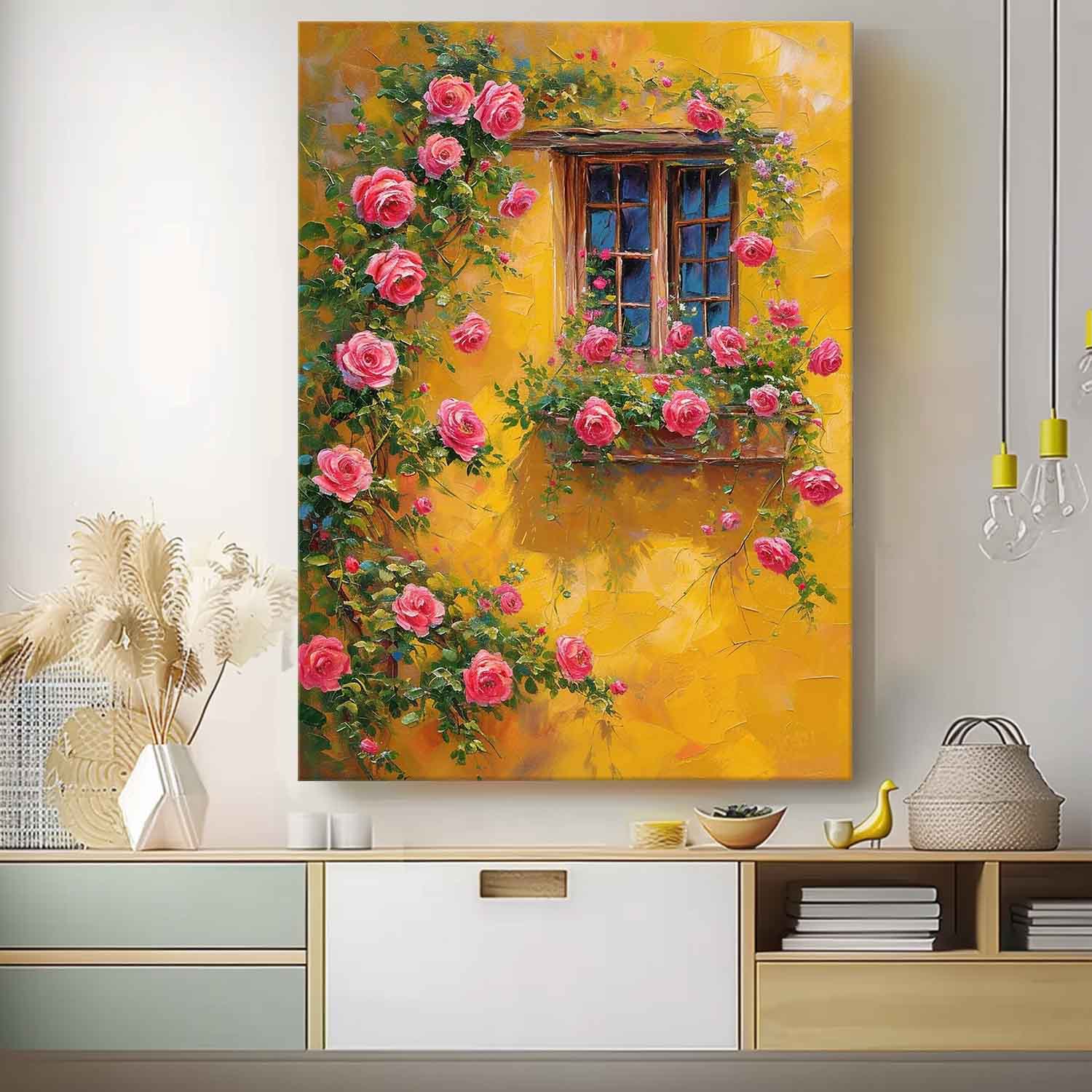 Flowers And Yellow Building Acrylic Painting Canvas Large Textured Art Original Floral Painting Home Decor