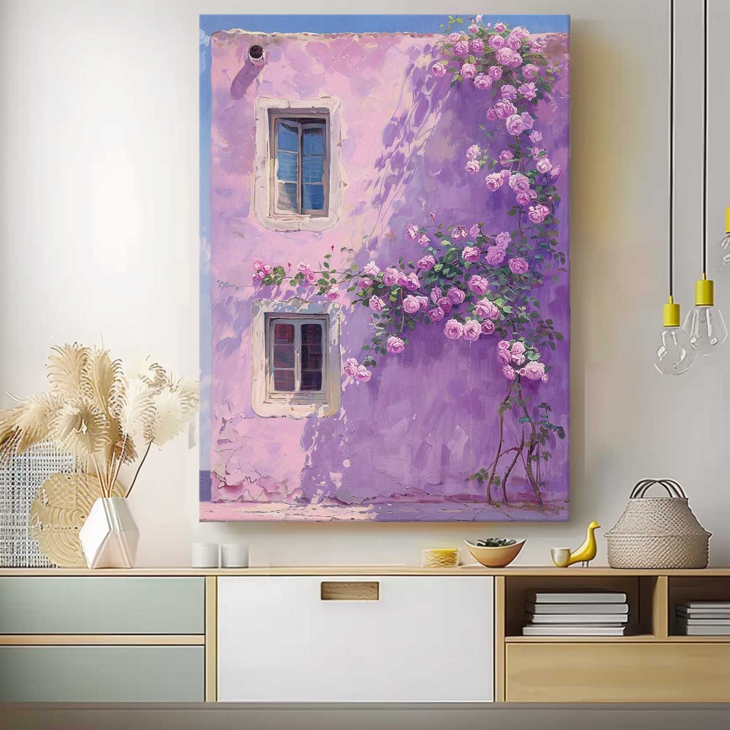 Original Floral Painting Flowers And Purple Building Acrylic Painting Canvas Large Textured Art Home Decor