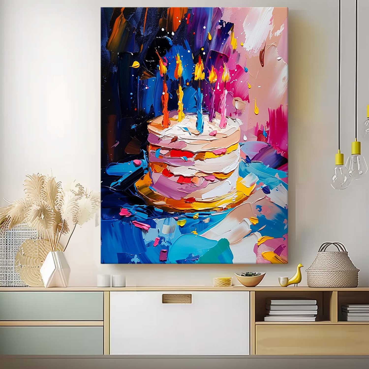 Colorful Cream Cake Acrylic Painting On Canvas Big Original Artwork Abstract Still Life Painting Framed Birthday Gift