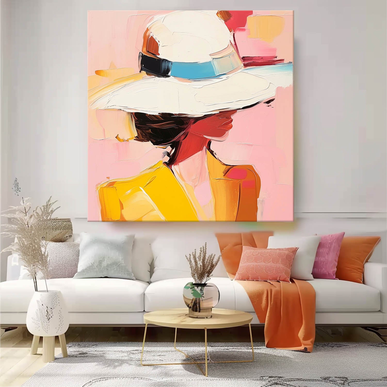 Vibrant Colors Texture Portrait Large Girl In A Hat Wall Art Original Beautiful Face Figurative Painting Canvas