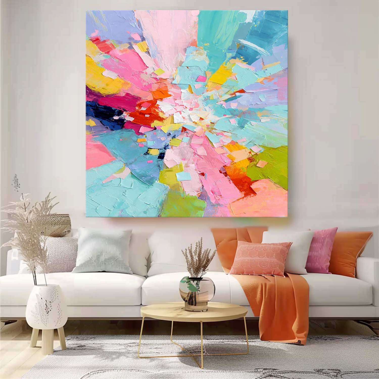 Square Vibrant Colorful Abstract Oil Painting Canvas Wall Art Modern Geometric Style Texture Home Decor