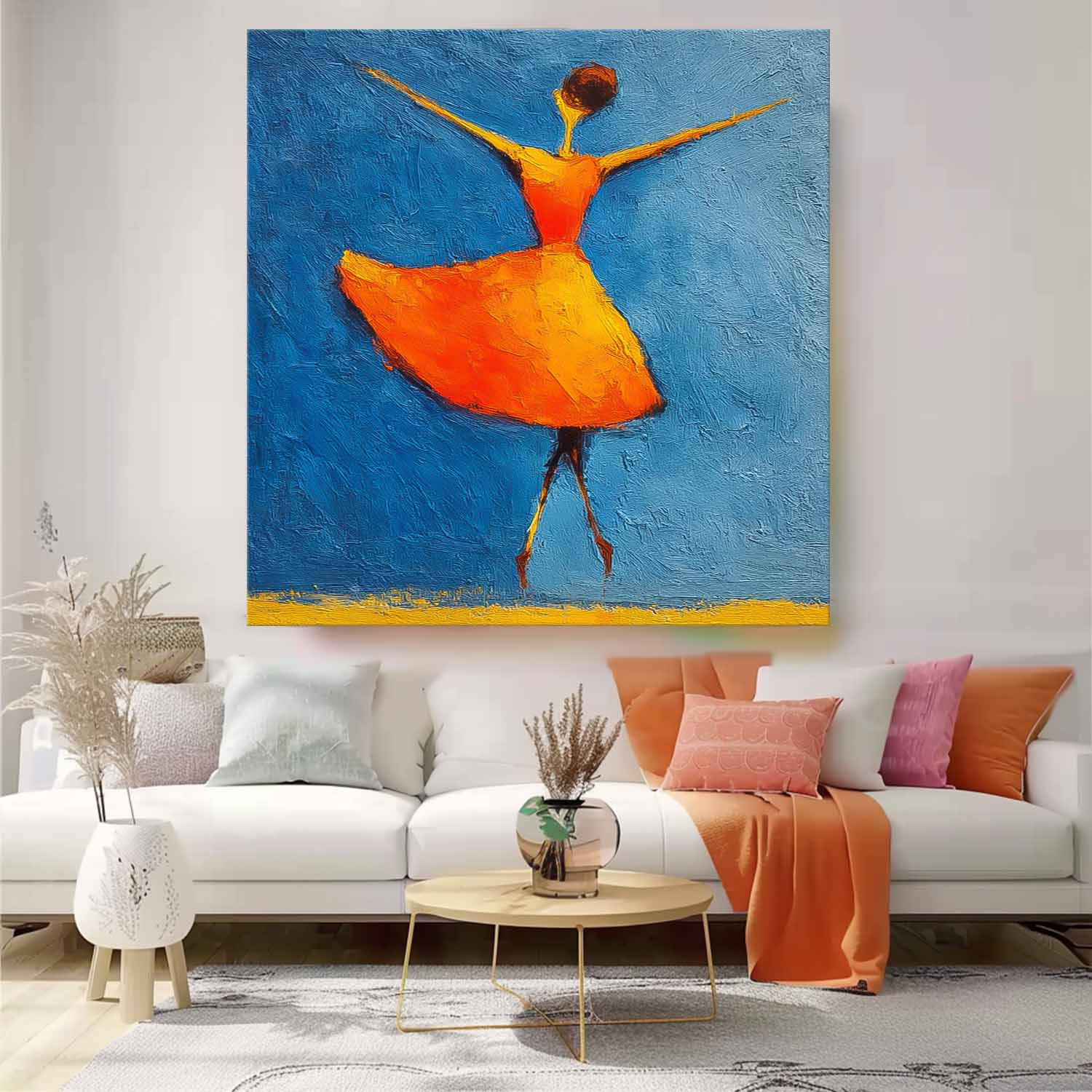 Minimalist People Silhouette Wall Art Modern Orange Skirt Framed Original Vibrant Color Oil Painting 