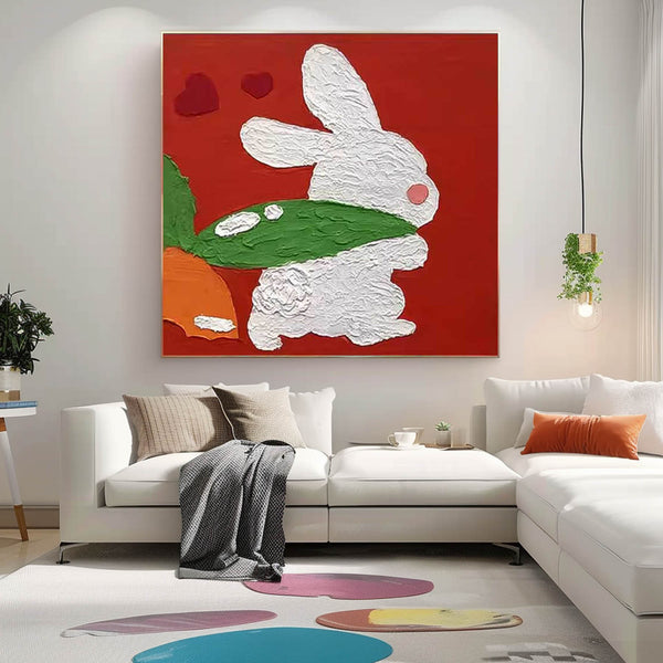 Modern Rabbit Canvas Oil Painting Original Impressionist Bunny Wall Art Large Animal Artwork Home Decor
