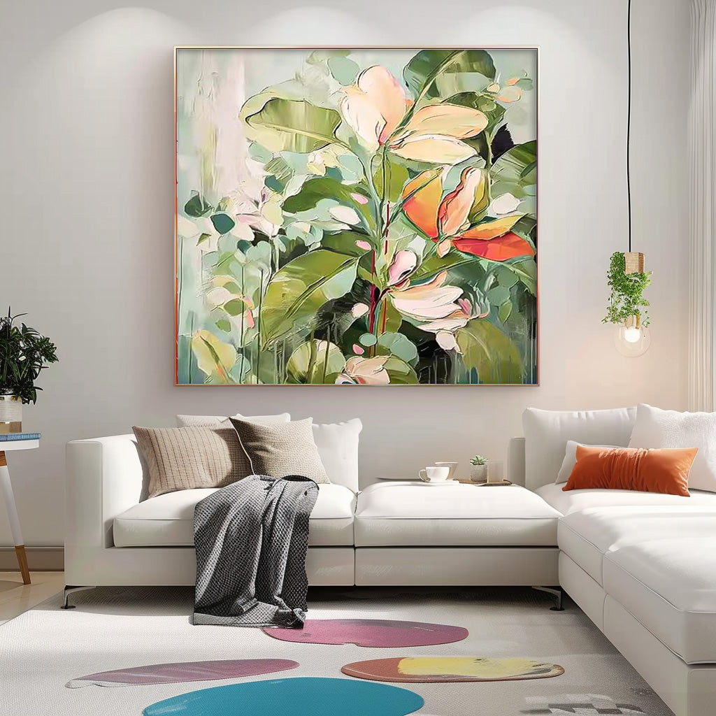 Square Green Acrylic Painting Lovely Original Flowers Abstract Wall Art Modern Floral Oil Painting On Canvas