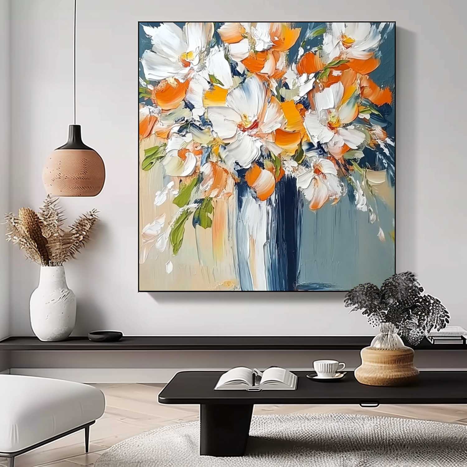 Original Exquisite Vase Art Large Orange color Textured Flower Painting Modern Floral Wall Art Home Decor