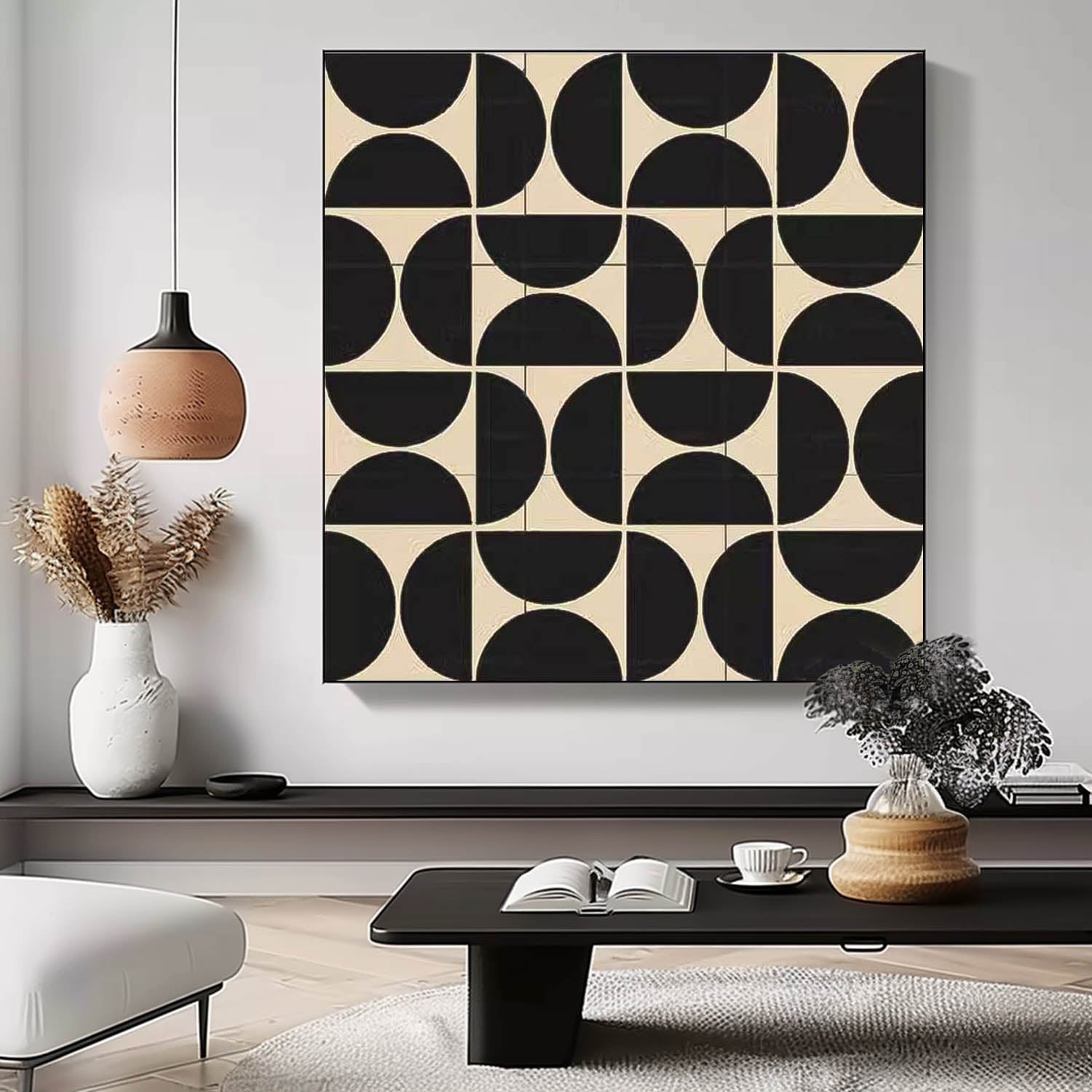 Black Geometry Modern Minimalist Canvas Acrylic Painting Large Regular Semicircle Abstract Artwork