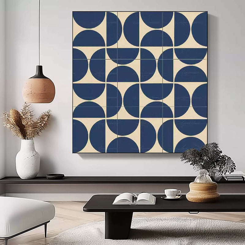 Blue Geometry Modern Minimalist Canvas Acrylic Painting Large Regular Semicircle Abstract Wall Art Framed
