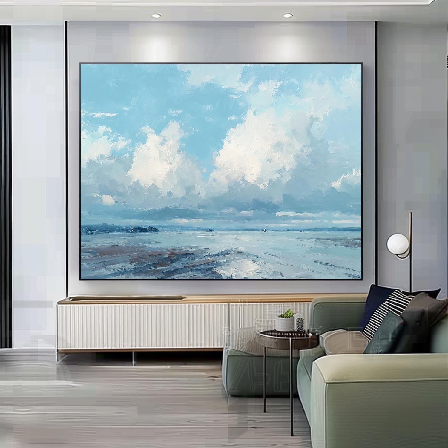  Blue Sky And White Clouds Painting Abstract Tranquil Sea View Landscape Large Texture Scenery Wall Art