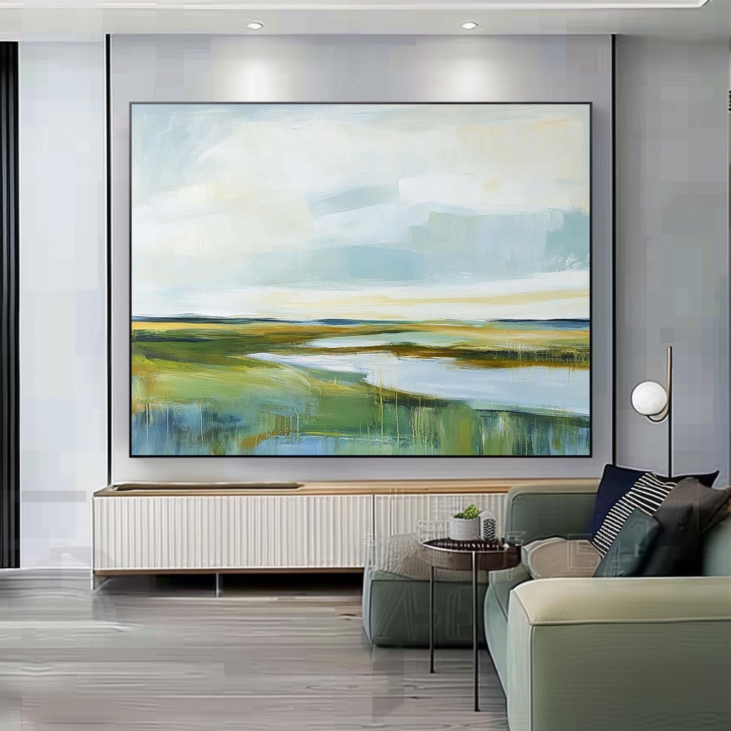 Abstract Lake Landscape Oil Painting Green Countryside Landscape Artwork Large Blue Texture Wall Art Framed