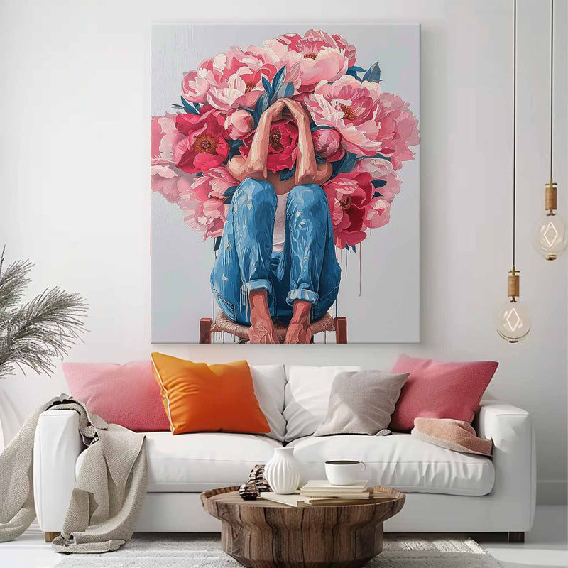Original Wall Art Abstract beautiful Peony Painting Colorful Faceless Artwork Large Portrait Painting Home Decor