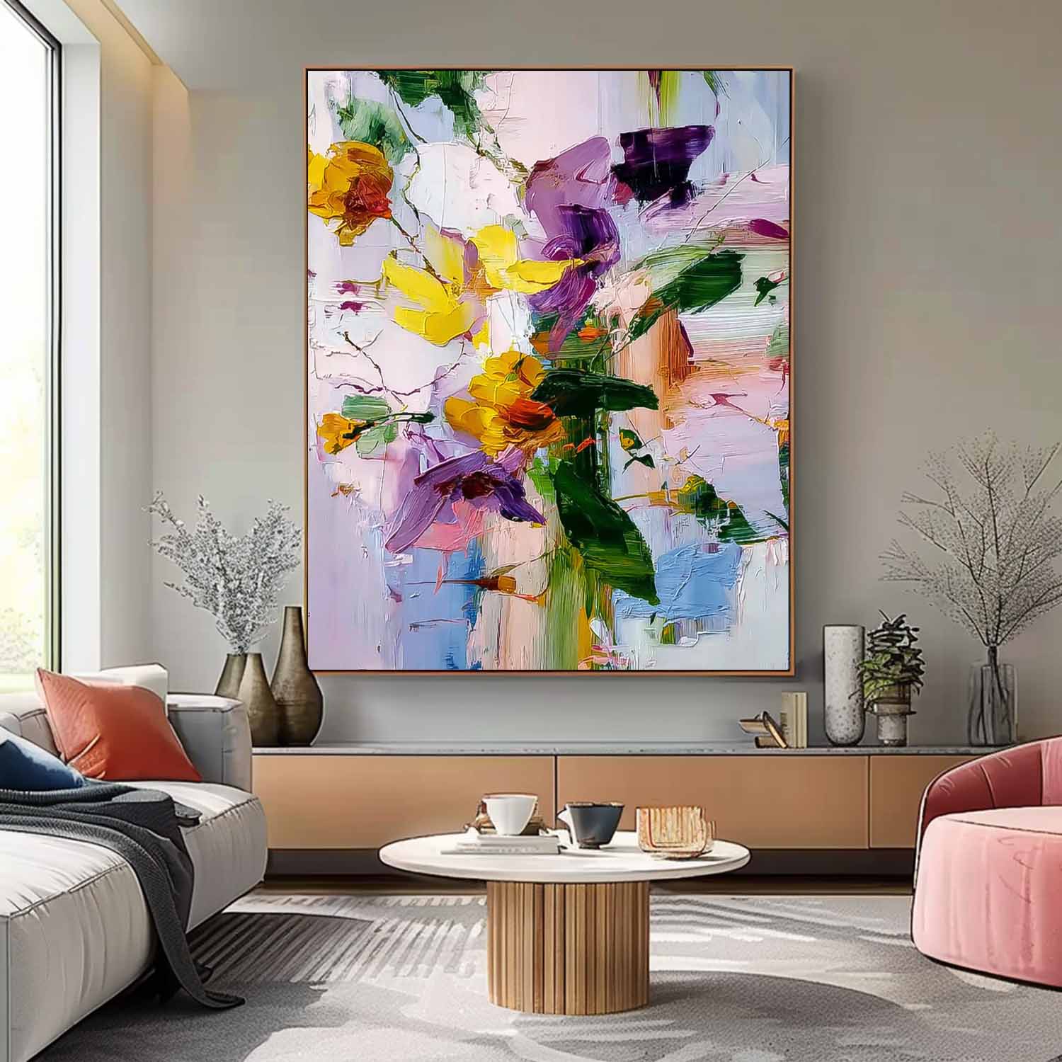 Large Flower Abstract Knife Painting Canvas Original Artwork Texture Plant Wall Art For Living Room