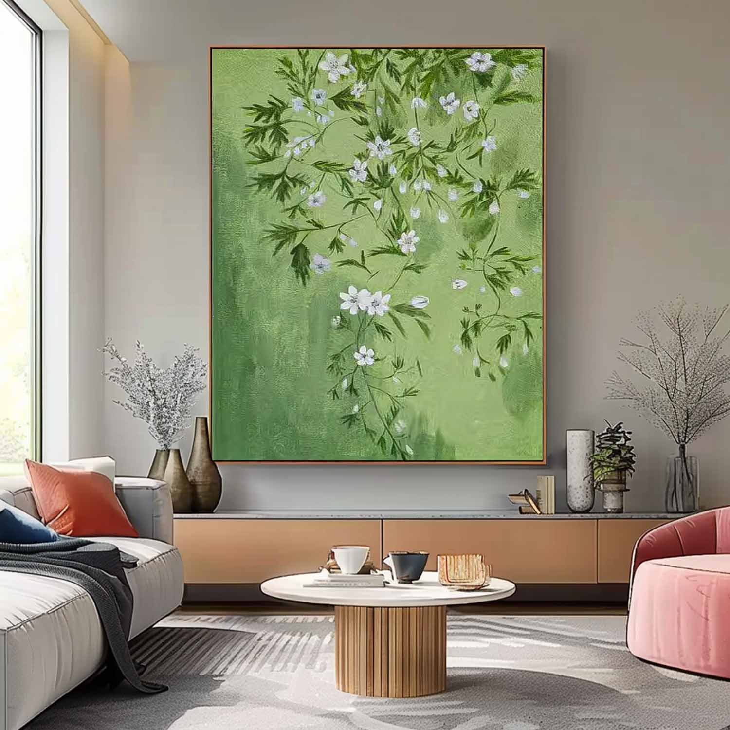 Green Leaves And White Flower Oil Painting On Canvas Big Original Beautiful Flowers Artwork Framed