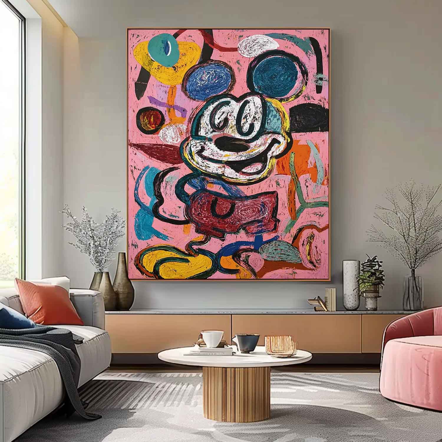 Abstract Mickey Painting Canvas Large Graffiti Cartoon Figure Wall Art Pink Original Features Artwork