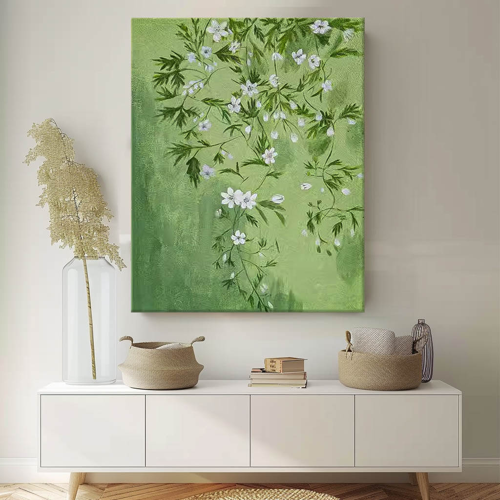 Green Leaves And White Flower Oil Painting On Canvas Big Original Beautiful Flowers Artwork Framed