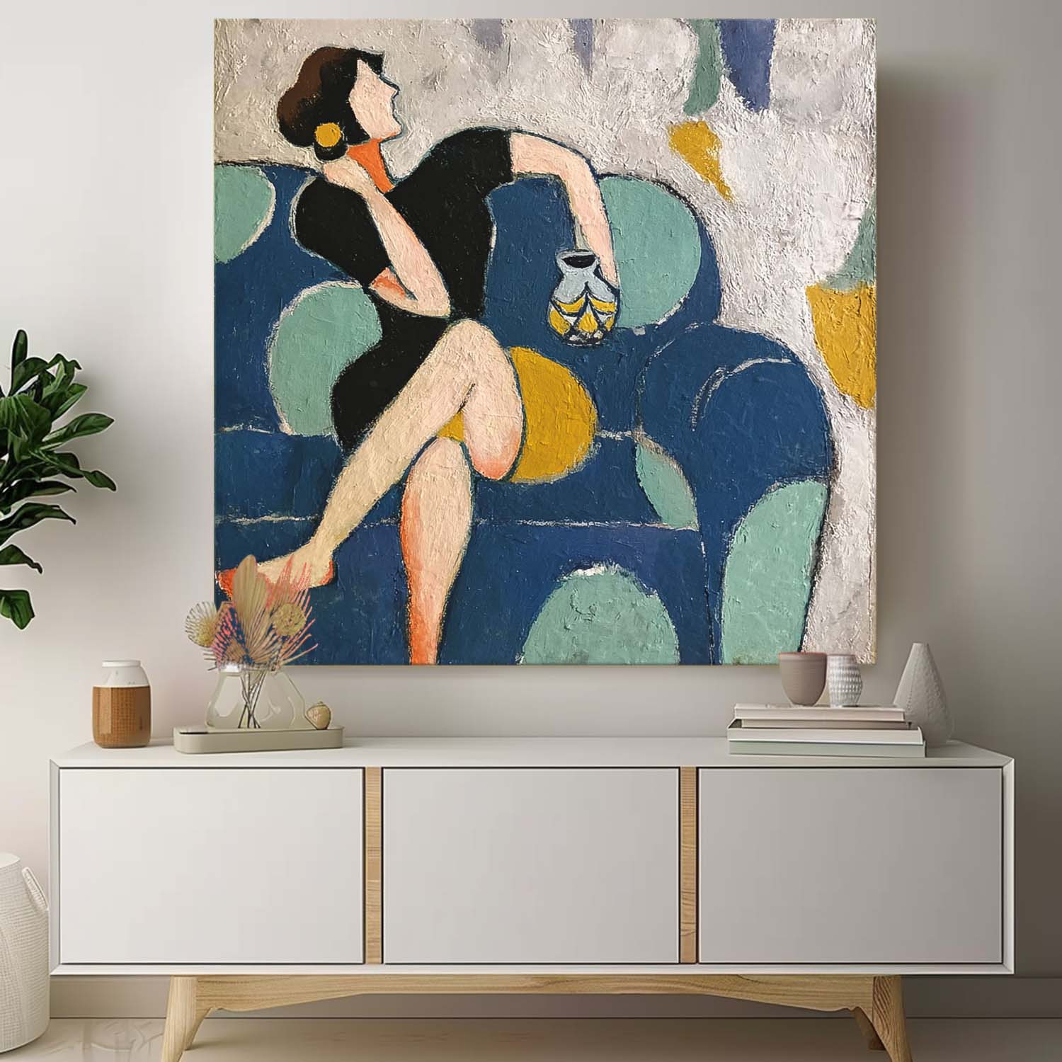 Original Portrait Wall Art Woman On The Sofa Acrylic Painting Abstract Lovely Girl Oil Painting Canvas