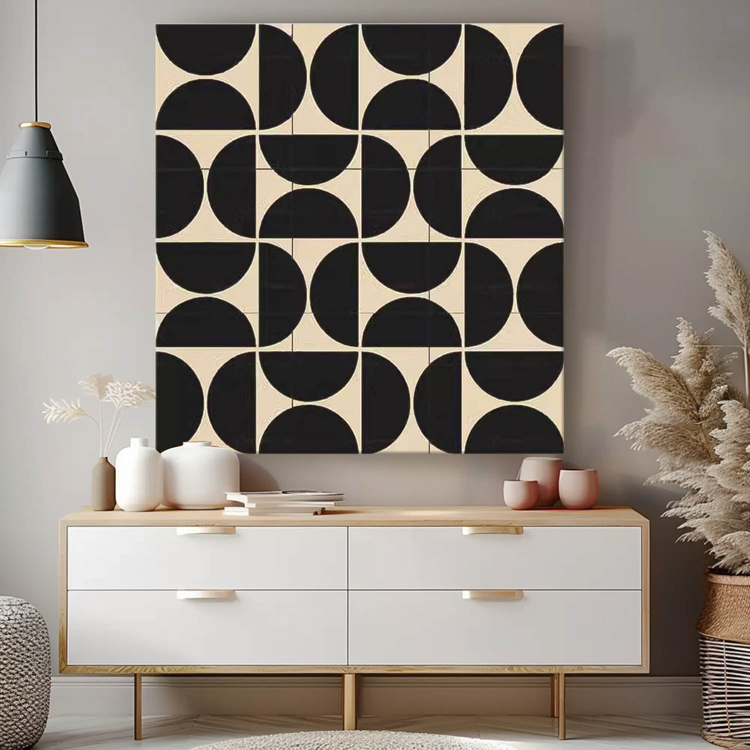 Black Geometry Modern Minimalist Canvas Acrylic Painting Large Regular Semicircle Abstract Artwork
