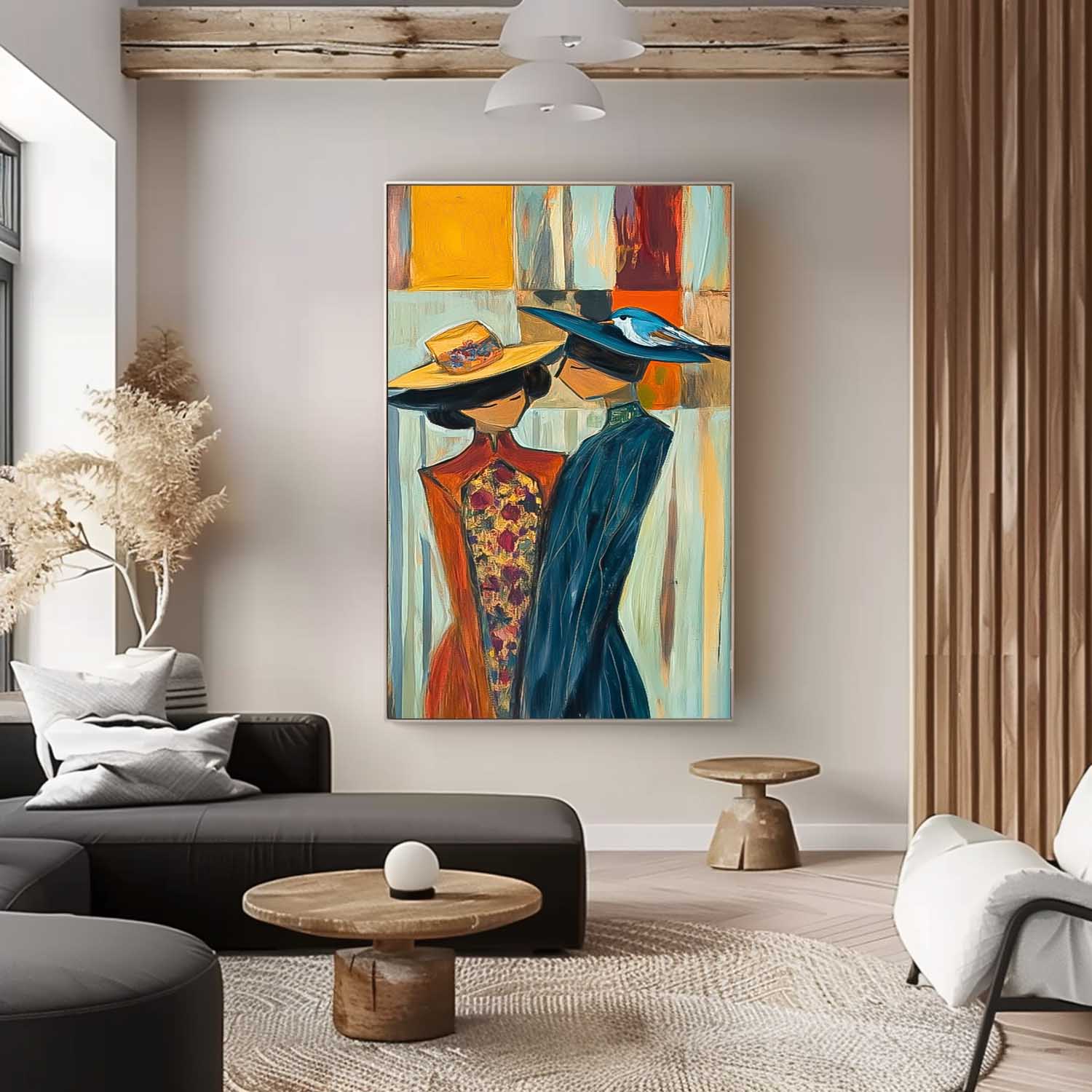 Original Two Fgures Wearing Hats Are Depicted Wall Art Large Painting Framed Abstract Figures Artwork