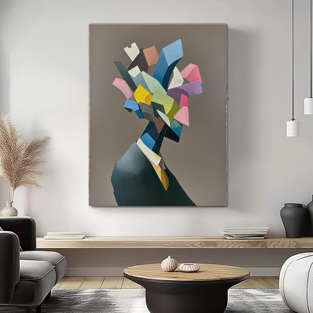 Large Abstract Portrait Wall Art  Original Textured Geometric Shapes People Painting Canvas Home Decor