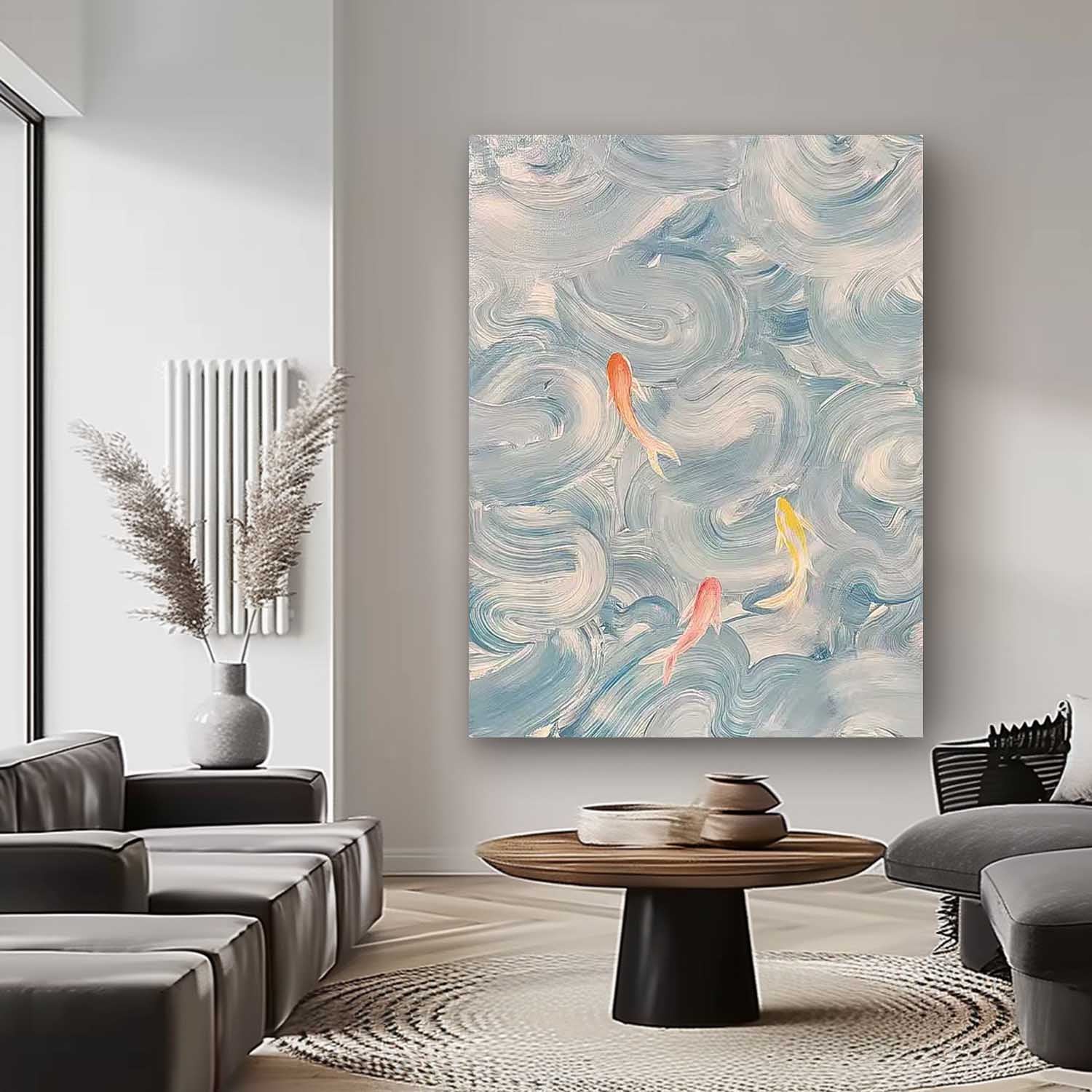 Bright Blue Large Contemporary Acrylic Painting On Canvas Abstract Goldfish Oil Painting Original Artwork Decor