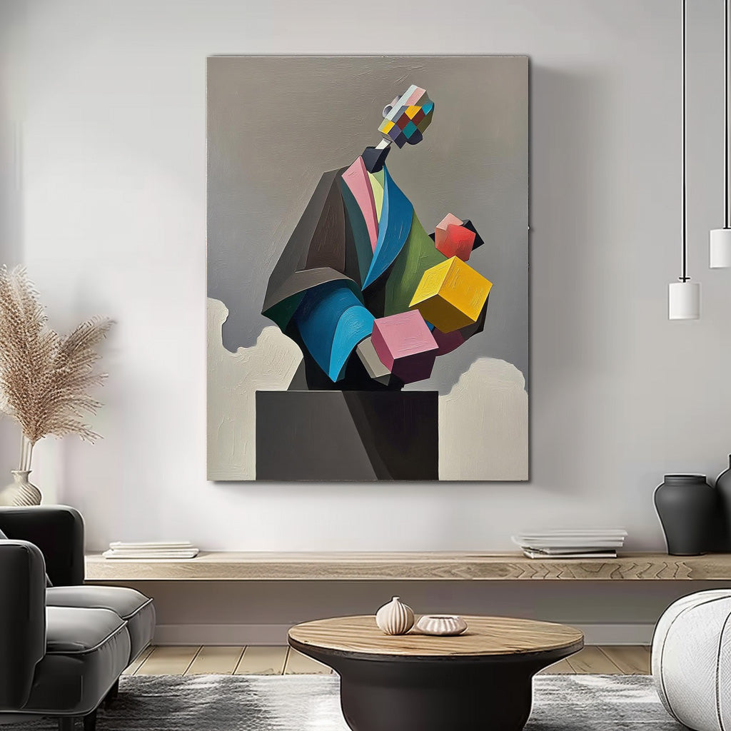 Original Large Abstract Portrait Wall Art Textured Geometric Shapes People Painting Canvas Home Decor