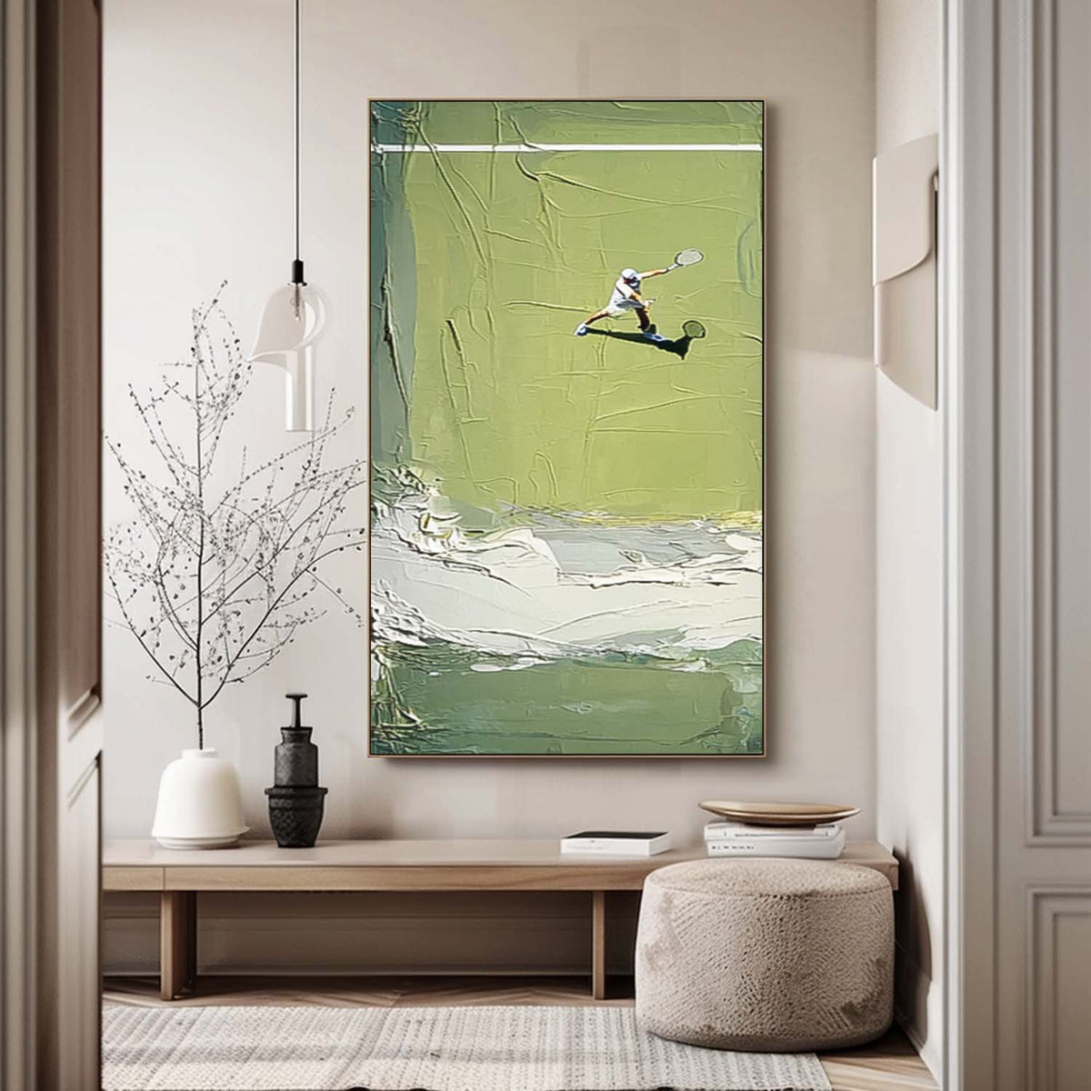 Abstract Tennis Sports Art on Canvas Large Green Tennis Court Painting Textured Wall Art Tennis Lovers Gift