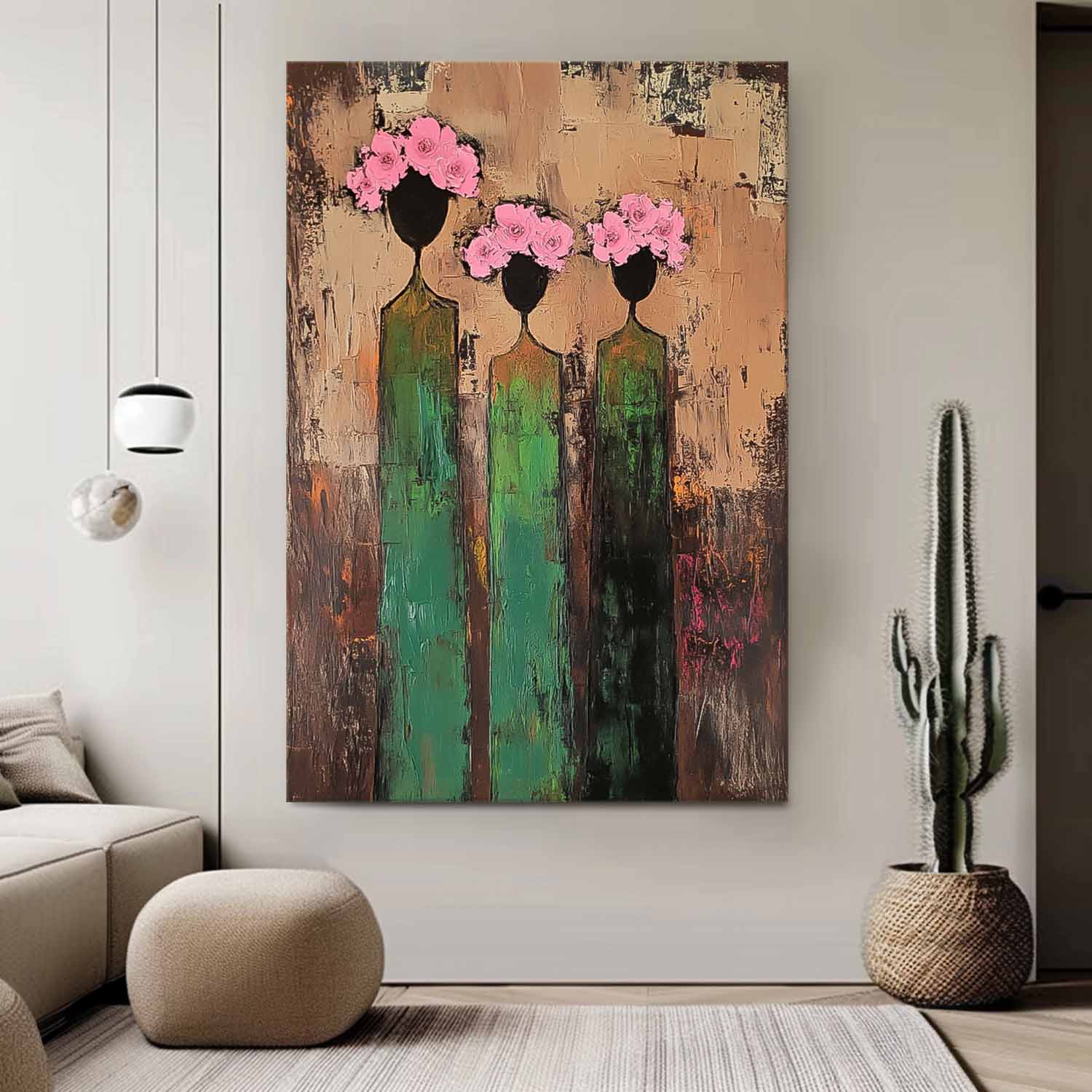Abstract Simple Characters Artwork Original Retro Painting Pink And Green Modern People Silhouette Wall Art