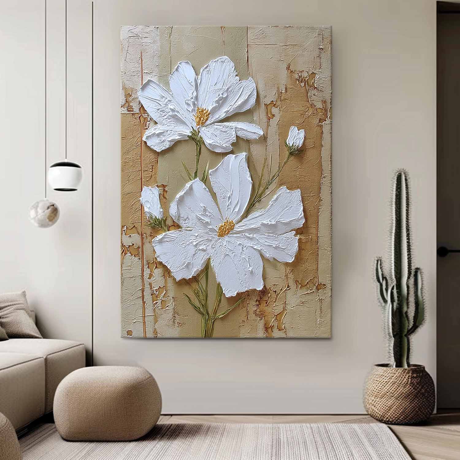Large White Flower Abstract Oil Painting Canvas Texture Plant Wall Art Original Artwork Home Decor