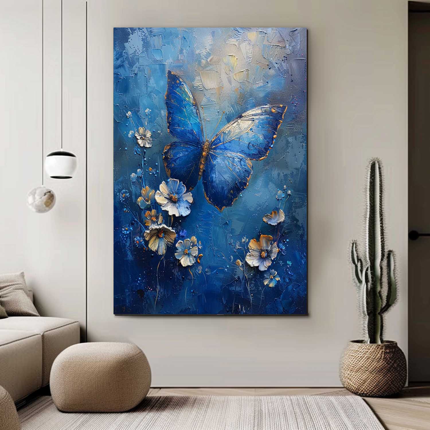 Blue Oil Painting Modern Texture Oil Painting Impressionist Butterfly Wall Art Original Artwork Decor