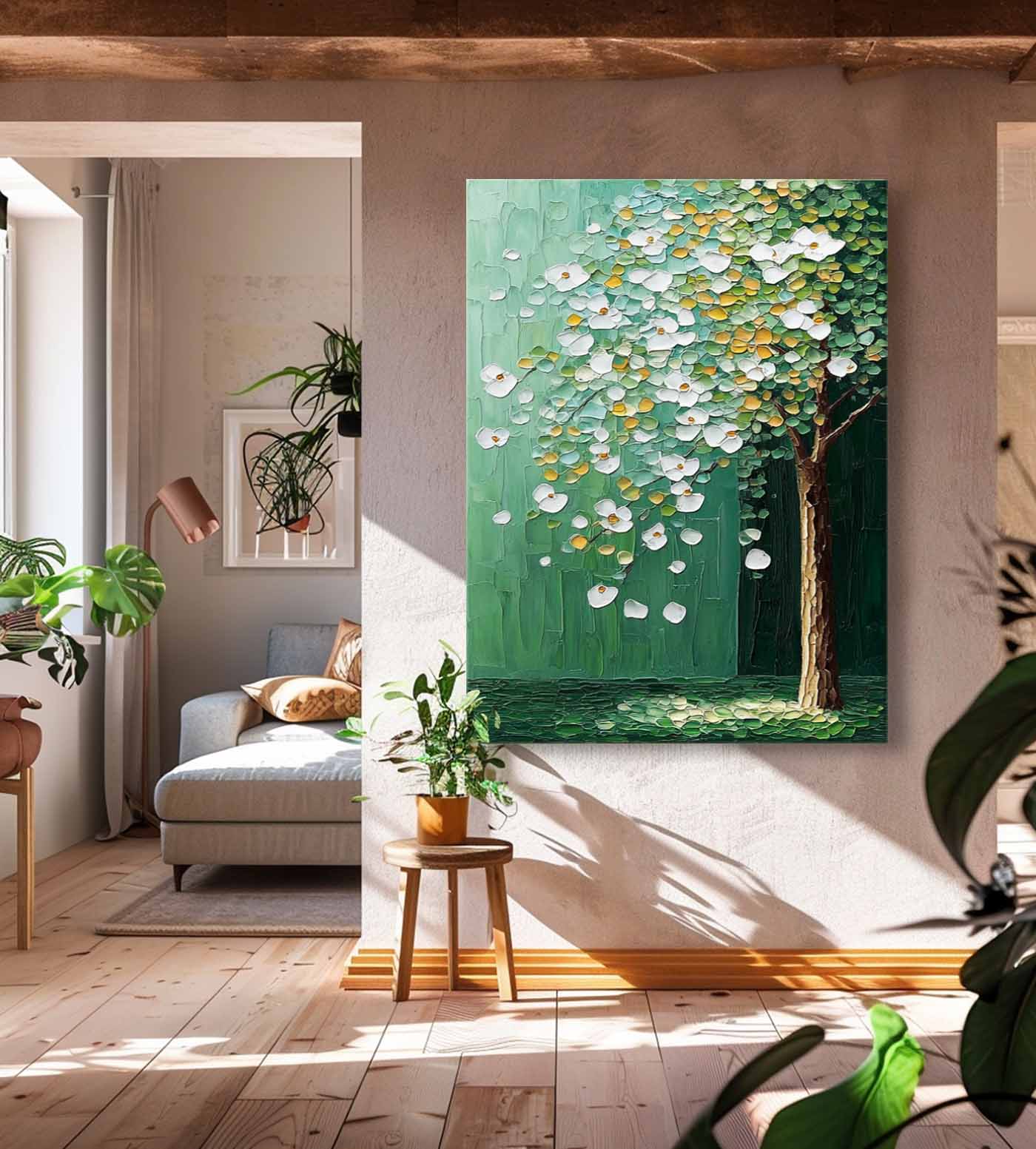 Beautiful Green Tree Painting Acrylic Textured Floral Art Impressionist Plant Paintings For Living Room