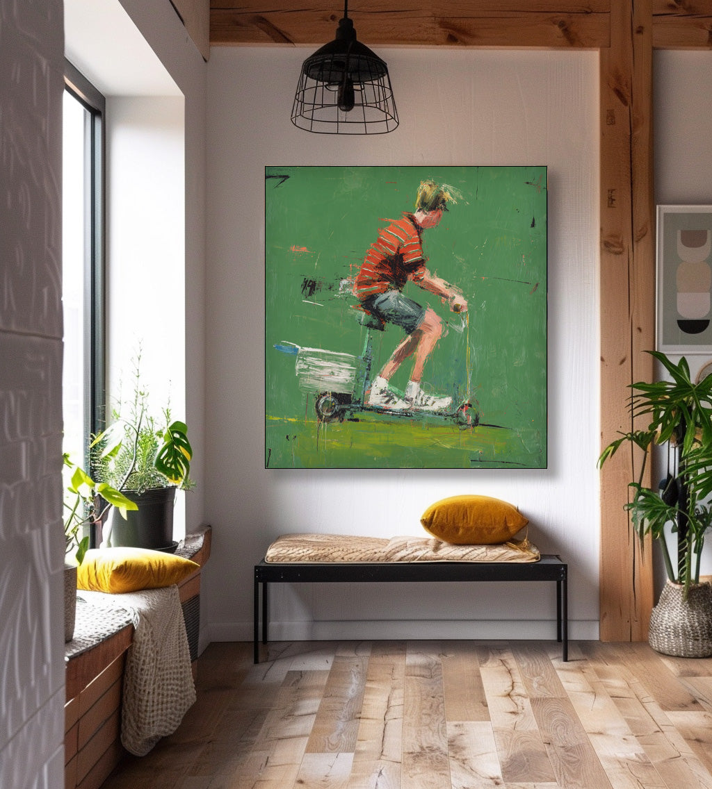 Minimalist Energetic Boy Riding A Scooter Painting Abstract Fashionable Street Style Original Green Wall Art