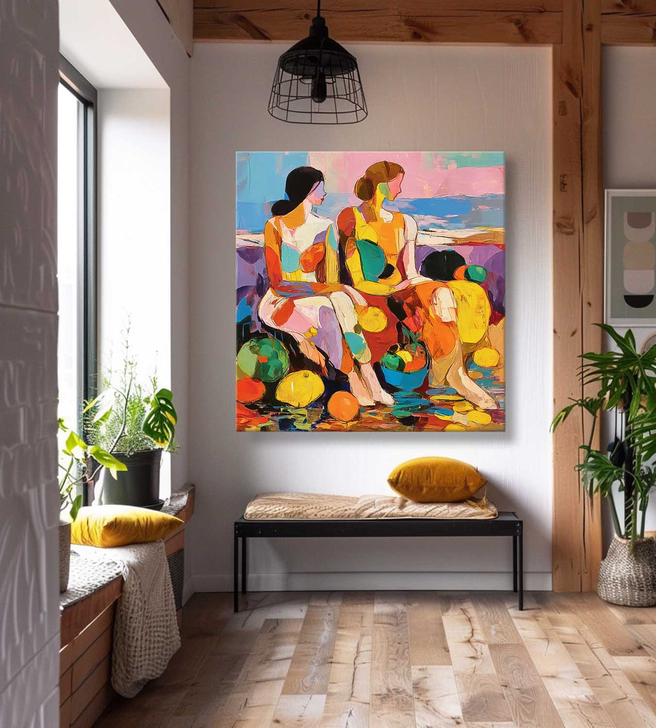 Large Colorful Abstract Women Painting Square Fruit Still Life Wall Art Original Figure Artwork