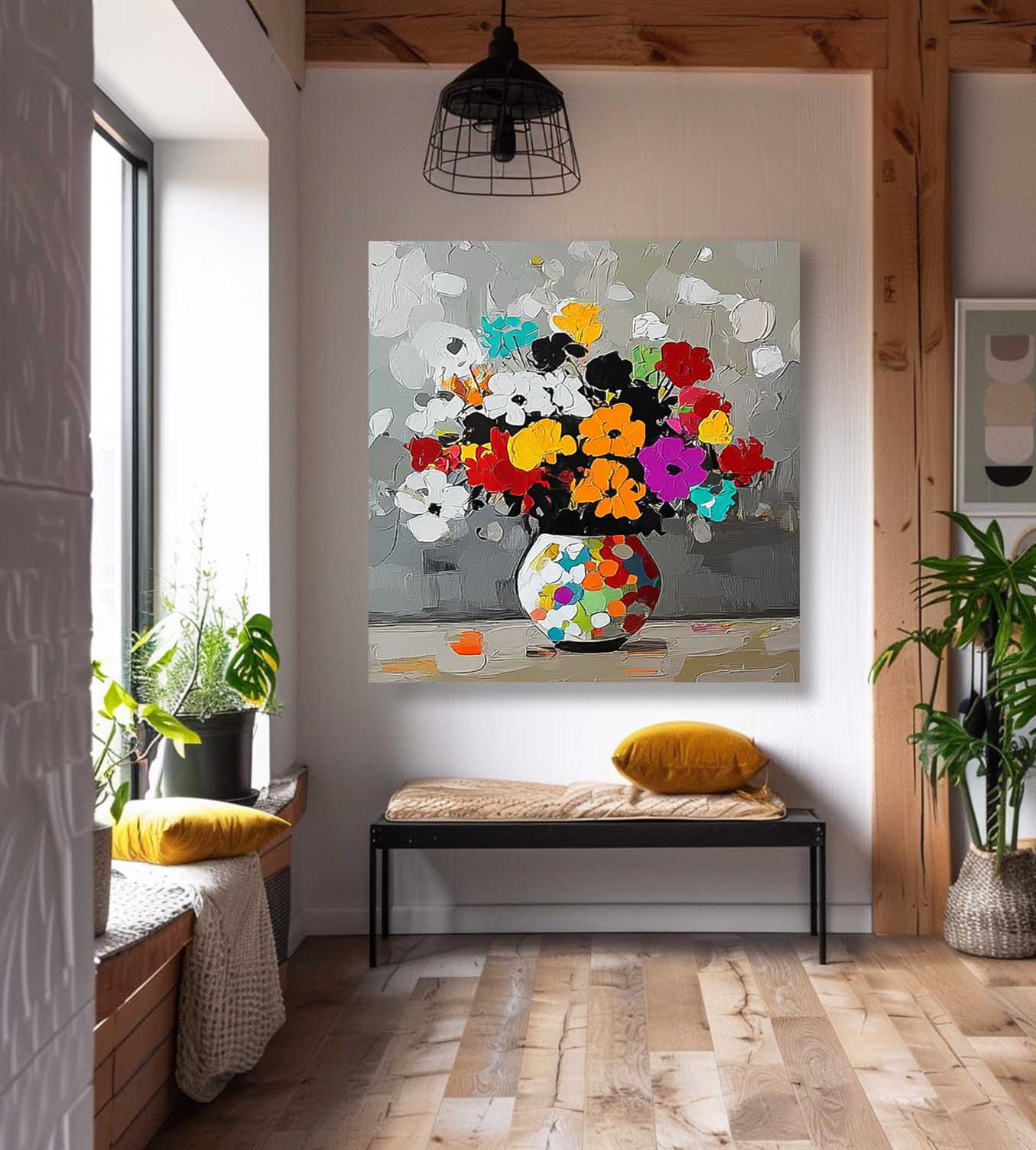 Original Flower Square Vase Artwork Floral Texture Painting on Canvas Large Color Handmade Wall Art