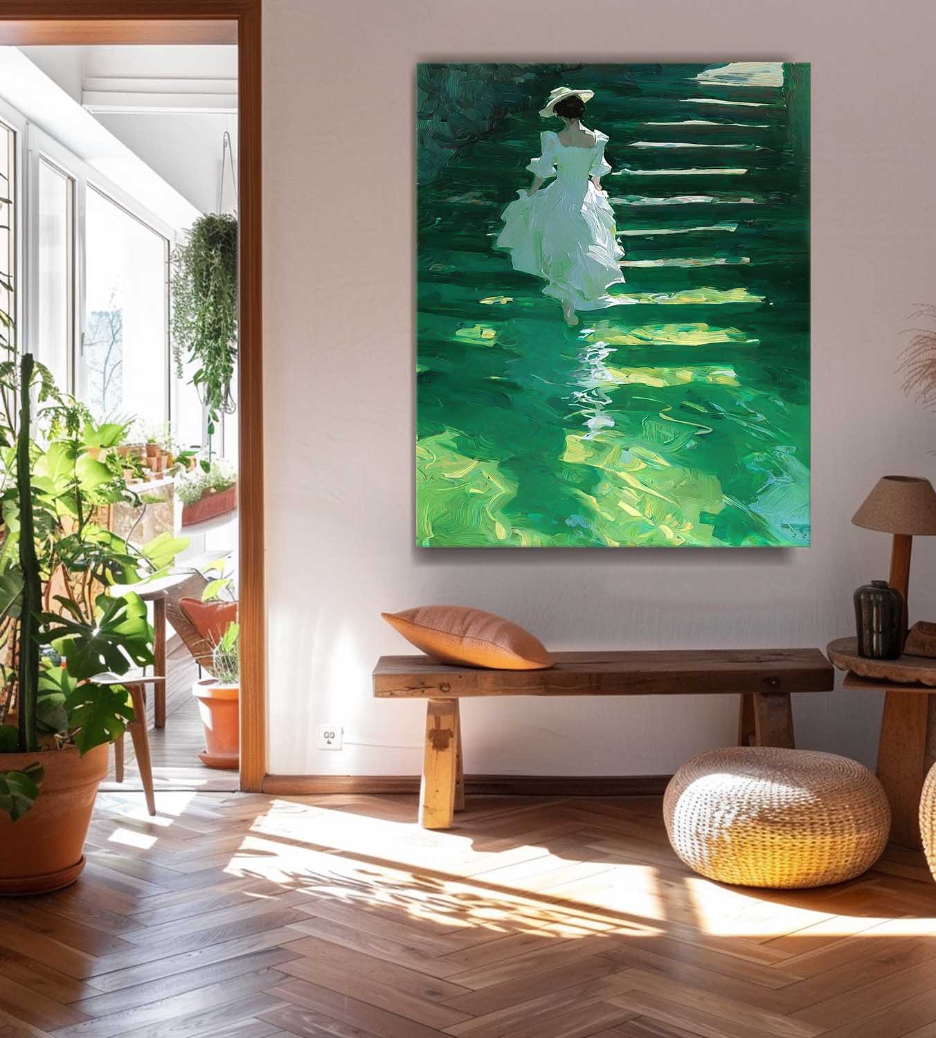 Green Toned Vintage Oil Painting Of Female Figure In White Dress On Water Stairs Artistic Wall Decor 