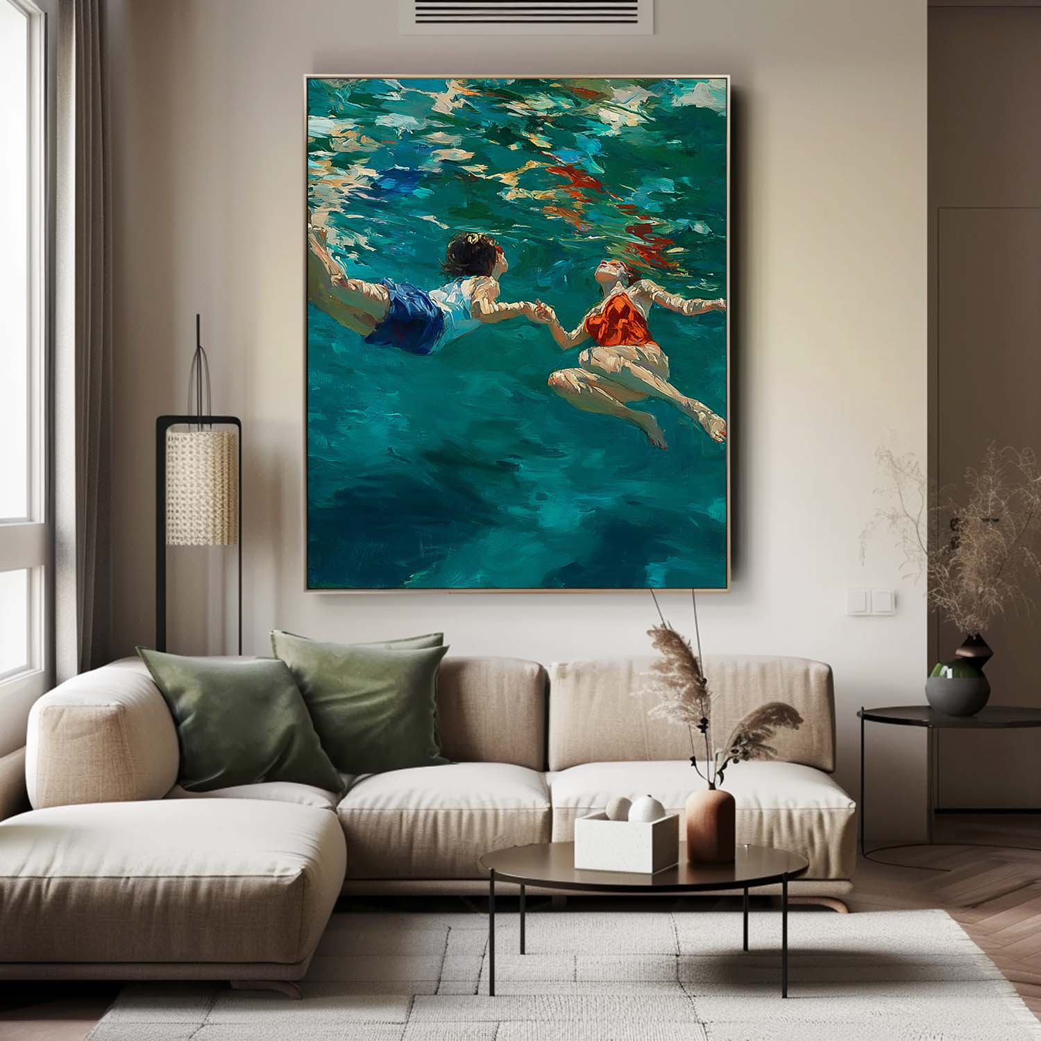 Original Diving Wall Art Abstract Two People playing In Water Oil Painting Canvas Modern Swimming Artwork